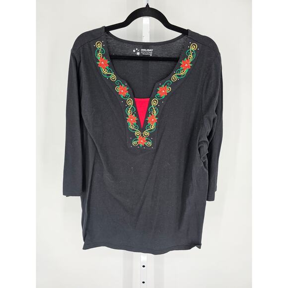 Holiday Editions Womens Sz 2X 3/4 Sleeve Christmas Blouse Embroidered Flowers - Picture 1 of 4
